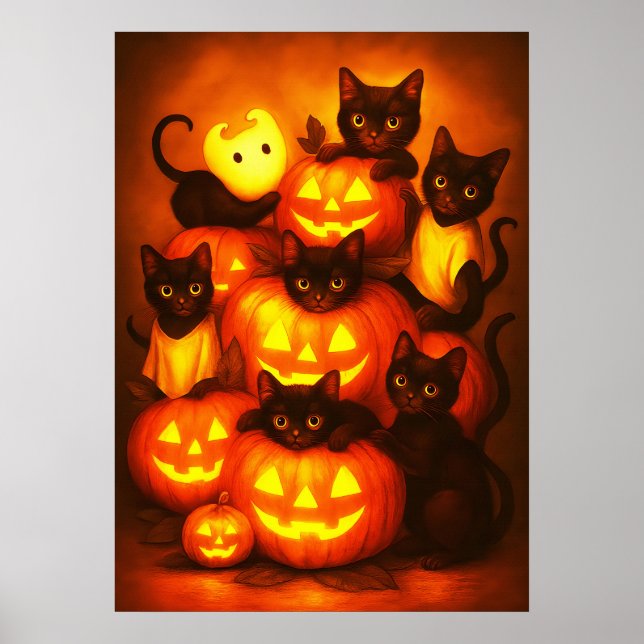 Affiche Citrouille d'Halloween brillant avec chat noir mig (Devant)