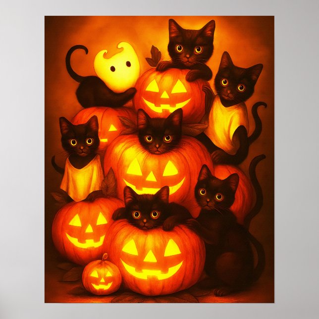 Affiche Citrouille d'Halloween brillant avec un mignon pot (Devant)