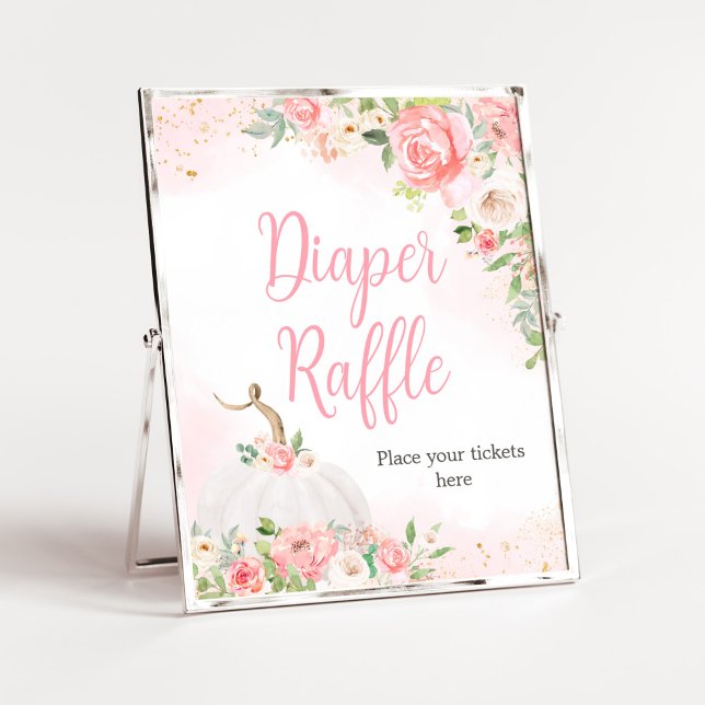 Affiche Citrouille Floral Automne Baby shower Déchets Raff (Pink Pumpkin Baby Shower Diaper Raffle Sign)