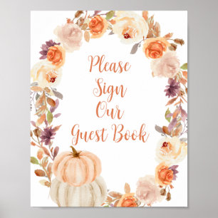 Affiche Citrouille Floral Rustique S'il Vous Plaît Signez 