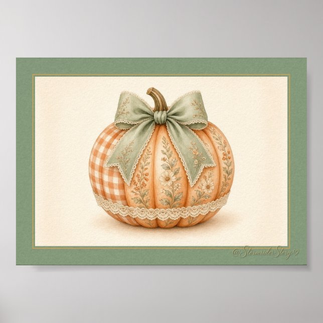 Affiche Citrouille patchwork gingham avec un ruban vert sa (Devant)