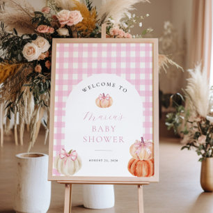 Affiche Citrouille rose En vichy Baby shower Bienvenue