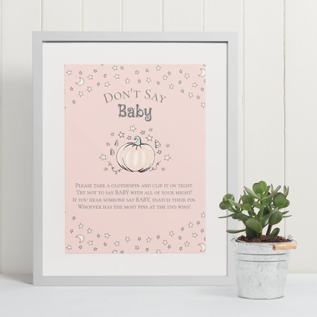 Affiche Citrouille rose mignon Ne pas dire Baby shower béb (Cute & Whimsical Fall Baby Shower Game Poster. Frame Not Included. Hand-Drawn Pumpkin in Black Ink.)