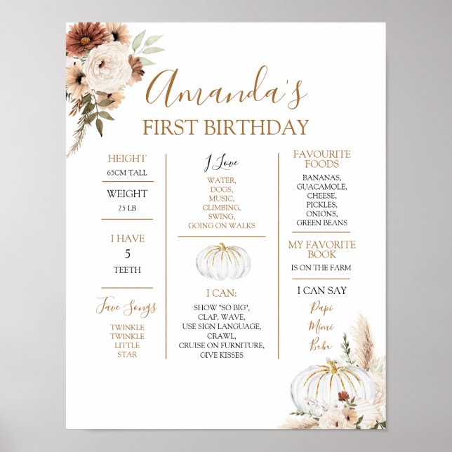 Affiche Citrouille Rustic Boho Fall In Lost 1st Year Sign (Devant)