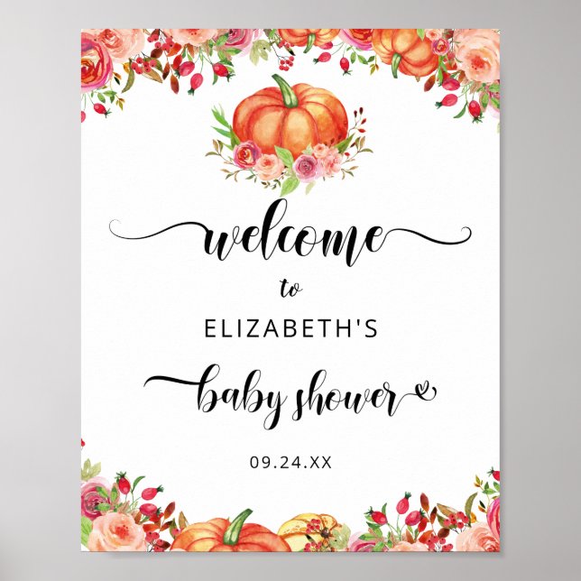 Affiche Citrouille Rustique Automne Baby shower Floral Bie (Devant)