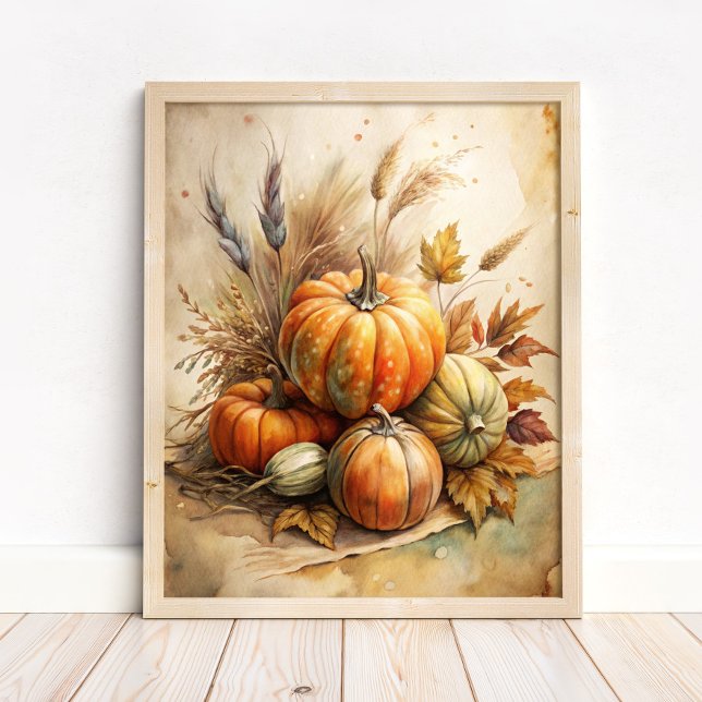 Affiche Citrouille rustique & Feuilles d'automne Boho Fall (Rustic Pumpkin & Autumn Leaves Boho Fall Wall Art in a neutral wooden frame on the floor)