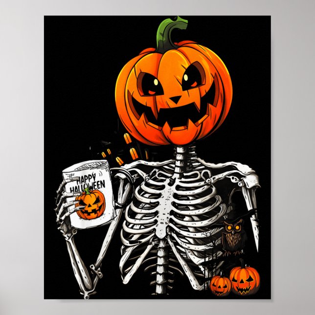 Affiche Citrouille squelette buvant du café Costume Hallow (Devant)