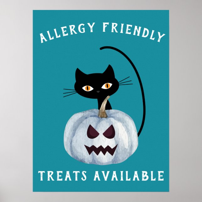 Affiche Citrouille turquoise Halloween Chat noir Allergie  (Devant)