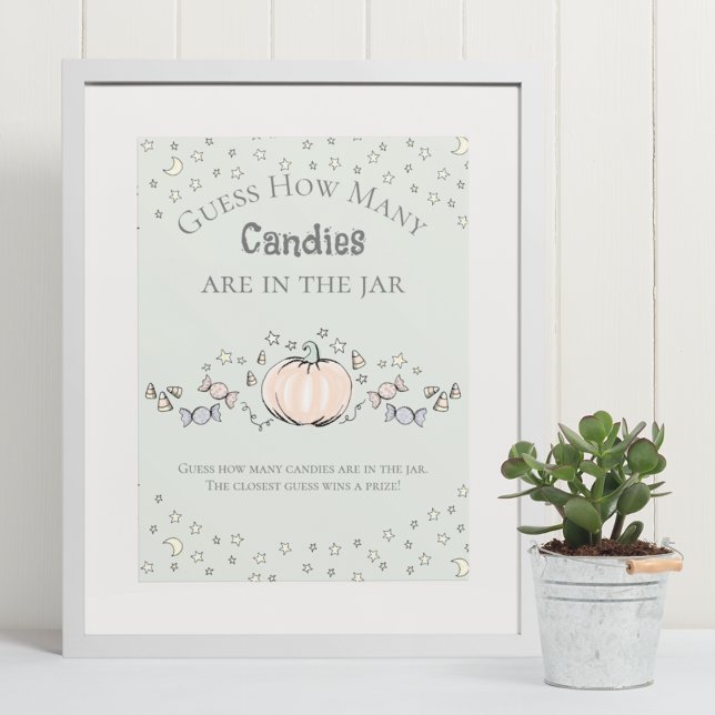 Affiche Citrouille Vert Combien de Candies Baby shower Jeu (Elegant & Whimsical Fall Baby Shower Game Poster. Frame Not Included. Hand-Drawn Pumpkin Drawing.)