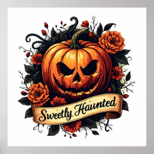 Affiche Citrouille Vintage doucement hanté Halloween flo