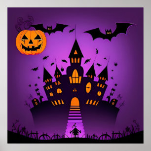 Affiche Citrouilles Chauves-Souris Château Hanté Halloween