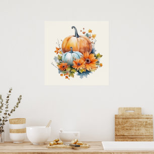 Affiche Citrouilles d'automne avec Fleurs et Foliage