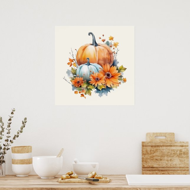 Affiche Citrouilles d'automne avec Fleurs et Foliage (Cuisine)
