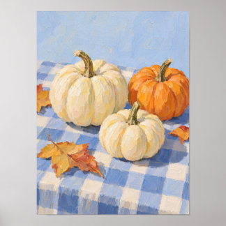 Affiche Citrouilles d'automne sur une nappe à carreaux ble