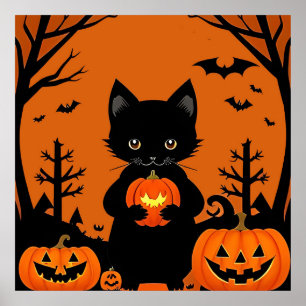 Affiche Citrouilles d'Halloween de chat noir mignon effray