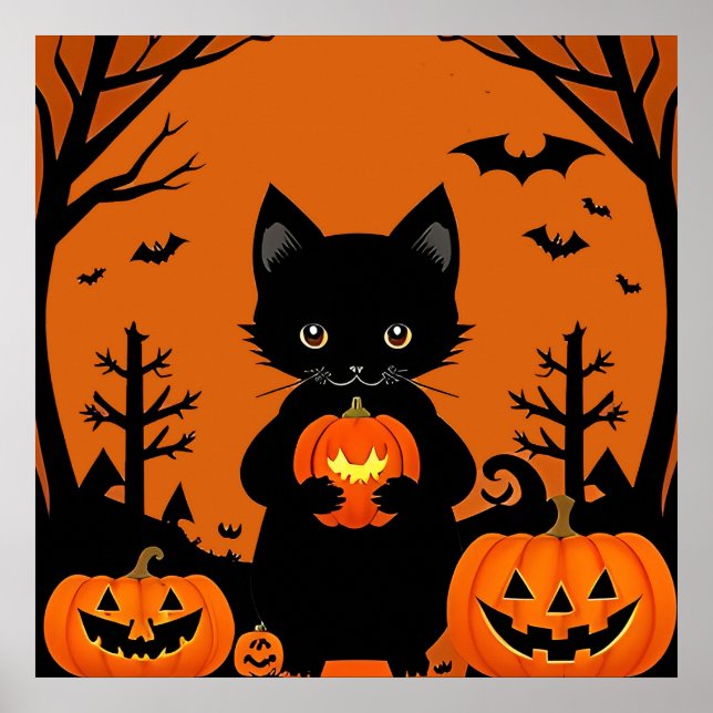 Affiche Citrouilles d'Halloween de chat noir mignon effray (Devant)