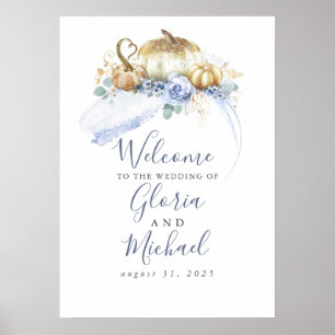 Affiche Citrouilles Florales Bleu Poussiéreux Mariage d'Au
