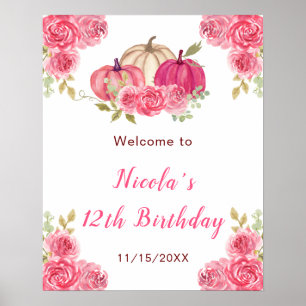 Affiche Citrouilles floraux roses chauds Accueil d'anniver