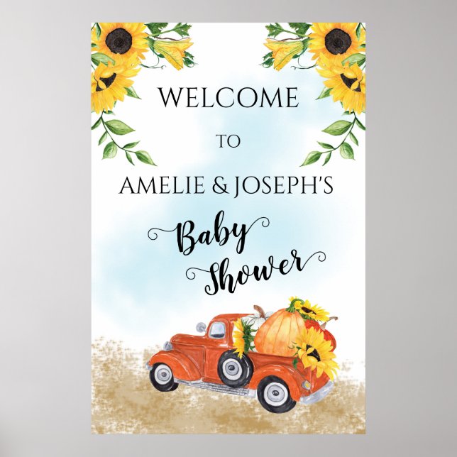 Affiche Citrouilles mignons en Camion Automne | Baby showe (Devant)