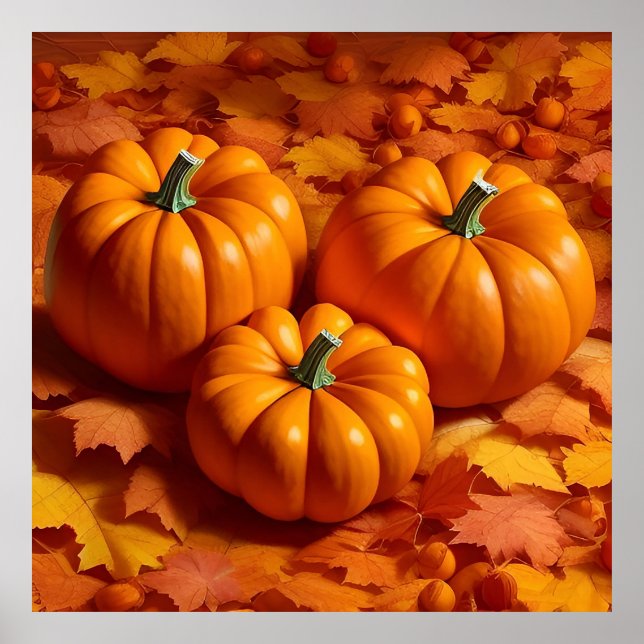 Affiche Citrouilles Orange Clair avec Feuilles d'Automne (Devant)