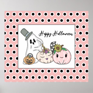 Affiche Citrouilles Whimsical d'Halloween rose et Boo