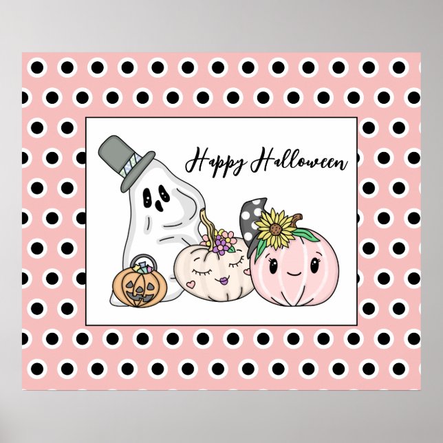 Affiche Citrouilles Whimsical d'Halloween rose et Boo (Devant)