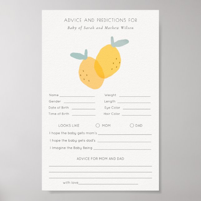 Affiche Citrus Citrus Baby shower Conseils Prédiction (Devant)