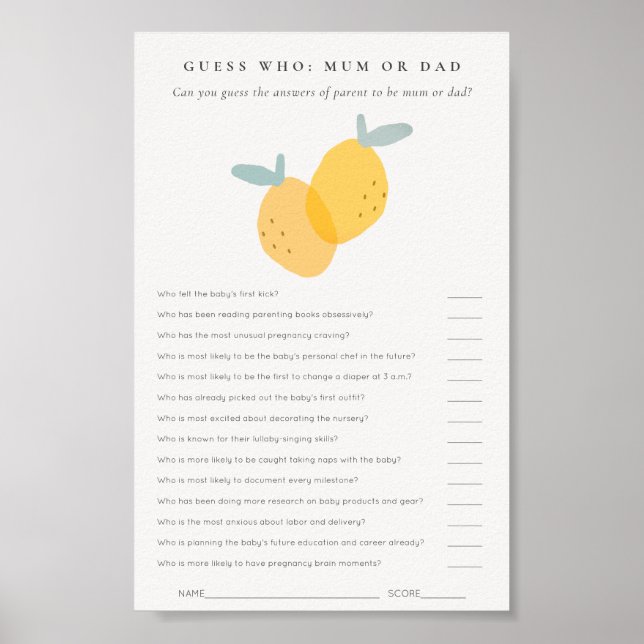 Affiche Citrus Citrus Baby shower Devinez Qui maman ou pap (Devant)