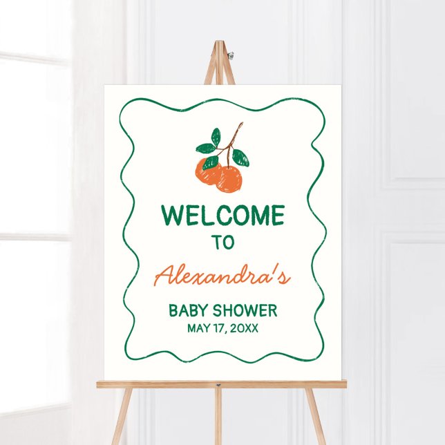 Affiche Citrus Little Cutie Baby shower moderne Bienvenue (Citrus Little Cutie Baby Shower Welcome Sign)