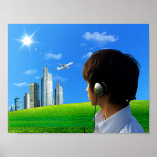 Affiche City Skyline Headphones Frutiger Aero