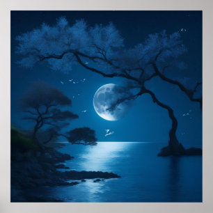 Affiche clair de lune avec de beaux arbres naturels