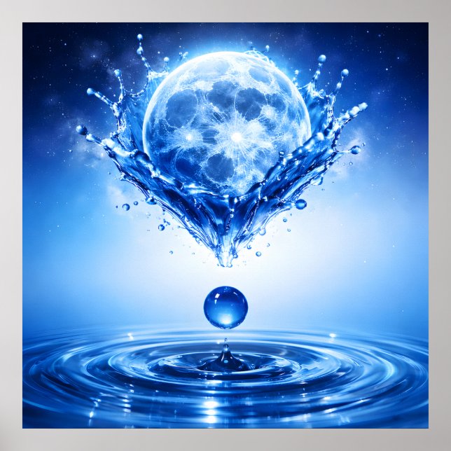 Affiche Clair de Lune Bleu Minuit Liquide Éclaboussé (Devant)