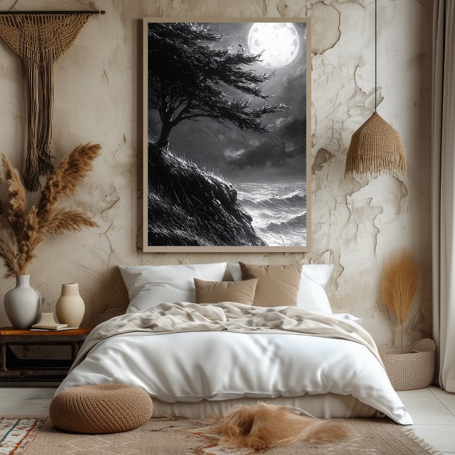 Affiche Clair de lune orageux sur une falaise en monochrom (Créateur téléchargé)