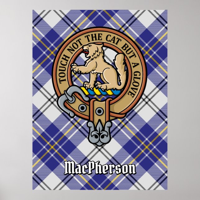 Affiche Clan MacPherson Crest sur la robe bleue Tartan (Devant)