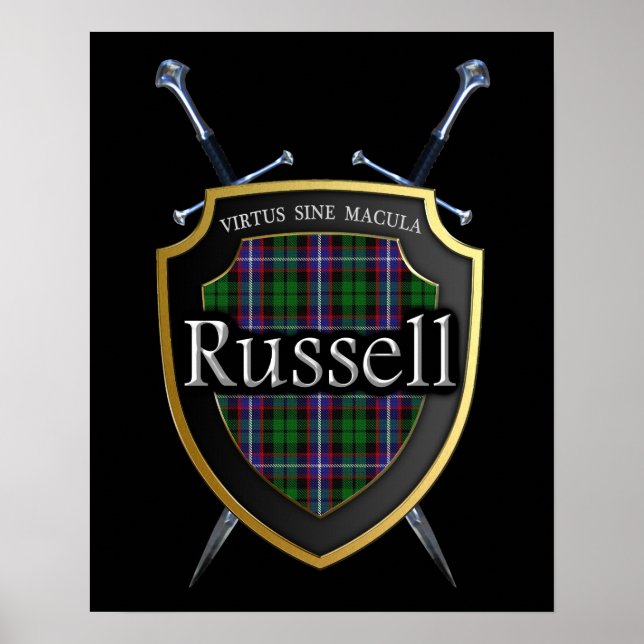 Affiche Clan Russell Tartan Bouclier & épées Imprimer (Devant)