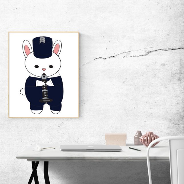 Affiche Clarinet Marching Band Lapin Bunny Navy Blue (A poster of a bunny rabbit playing the clarinet in a navy blue and white marching band uniform.)