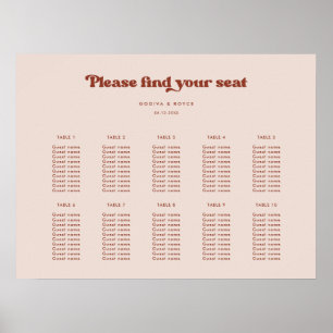 Affiche Classement élégant rétro Peach Pink Mariage