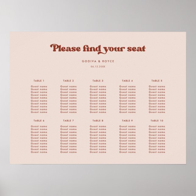 Affiche Classement élégant rétro Peach Pink Mariage (Devant)