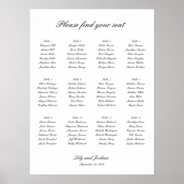 Affiche Classic Black and White Wedding Seating Chart (Devant)