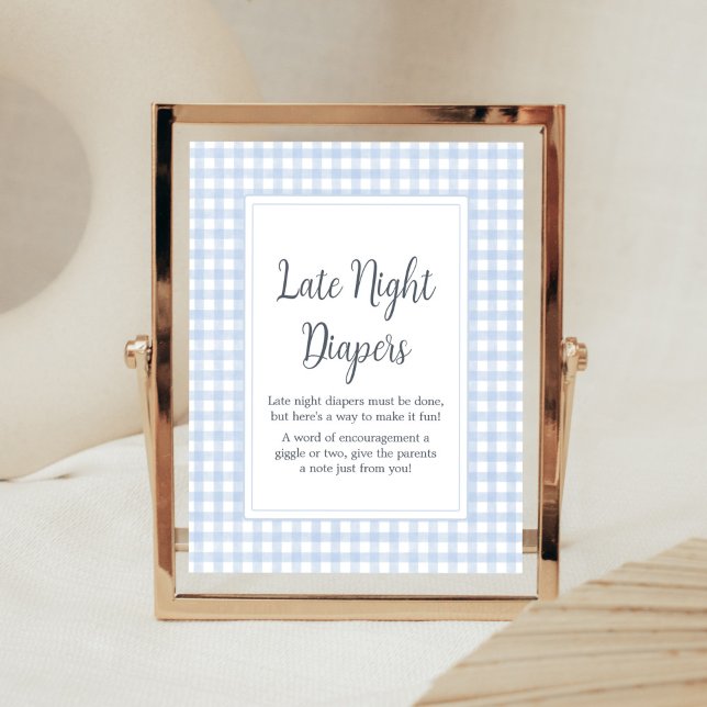 Affiche Classic Blue En vichy Late Night Diapers (Boy Gingham Baby Shower Late Night Diapers Sign)