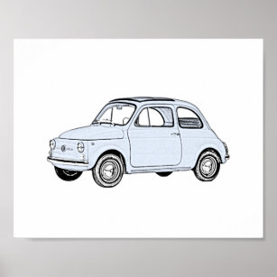 Affiche Classic Blue Fiat 500 Style Crayon