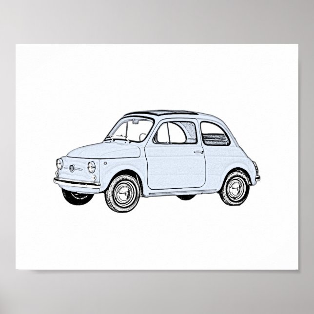 Affiche Classic Blue Fiat 500 Style Crayon (Devant)