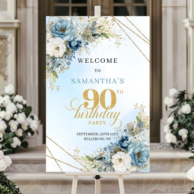 Affiche Classic boho blue florals eucalyptus 90th birthday (Classic boho blue florals eucalyptus 90th birthday sign

)
