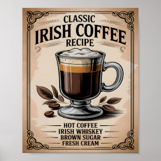 Affiche Classic Irish Coffee Recipe Vintage Rustic Kitchen