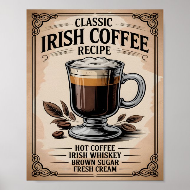 Affiche Classic Irish Coffee Recipe Vintage Rustic Kitchen (Devant)