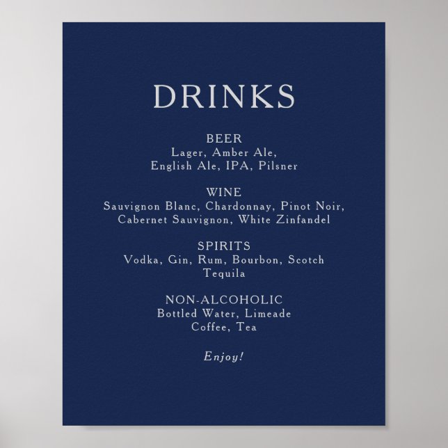 Affiche Classic Navy Blue Silver Mariage Boissons Menu Sig (Devant)