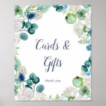 Affiche Classic White Flowers Cards and Gifts Sign<br><div class="desc">This classic white flowers cards and gifts sign is perfect for a spring wedding or bridal shower. The elegant floral design features soft ivory and white roses and peonies with touches of periwinkle blue watercolor flowers and green foliage. The line of text at the bottom of the sign can be...</div>