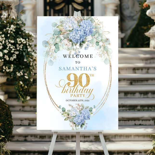 Affiche Classique Bleu Clair Eucalyptus 90 Bienvenue d'ann (Classic Light Blue Eucalyptus 90th Birthday Welcome)