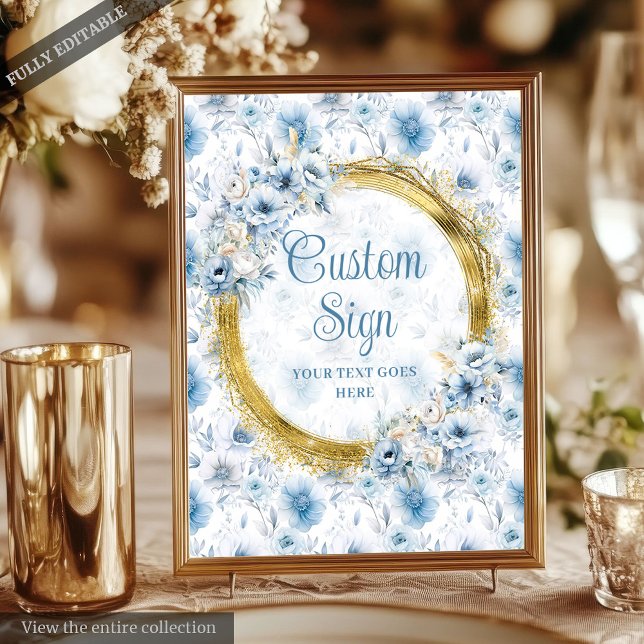 Affiche Classique Bohème Bleu Bleu Or Mariage Personnalisé (Classic Bohemian Light Blue Gold Wedding Custom Poster)