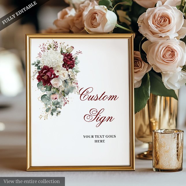 Affiche Classique Boho Bourgogne Rose blanche Mariage pers (Classic Boho Burgundy White Rose Custom Wedding Sign)